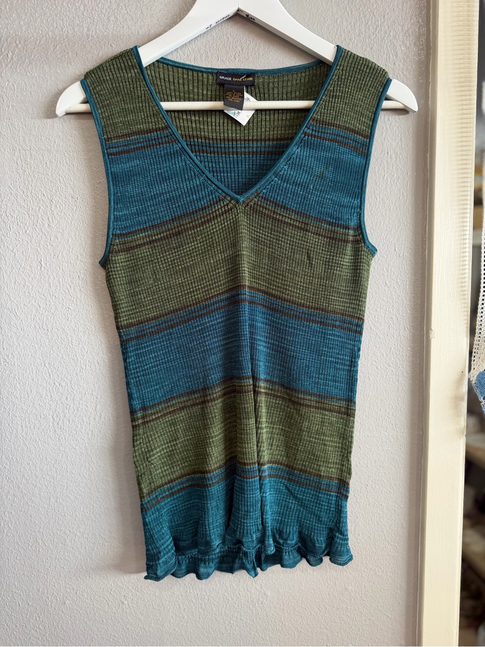 Grace Elements Blue & Olive Striped V‑Neck Ribbed Tank